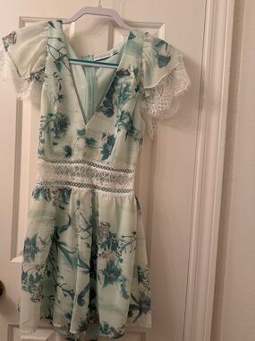 Light Green Floral Lace-Trim V-Neck Dress